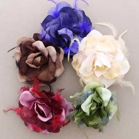 FABRIC FLOWER BROOCH WITH FEATHERS 15CM