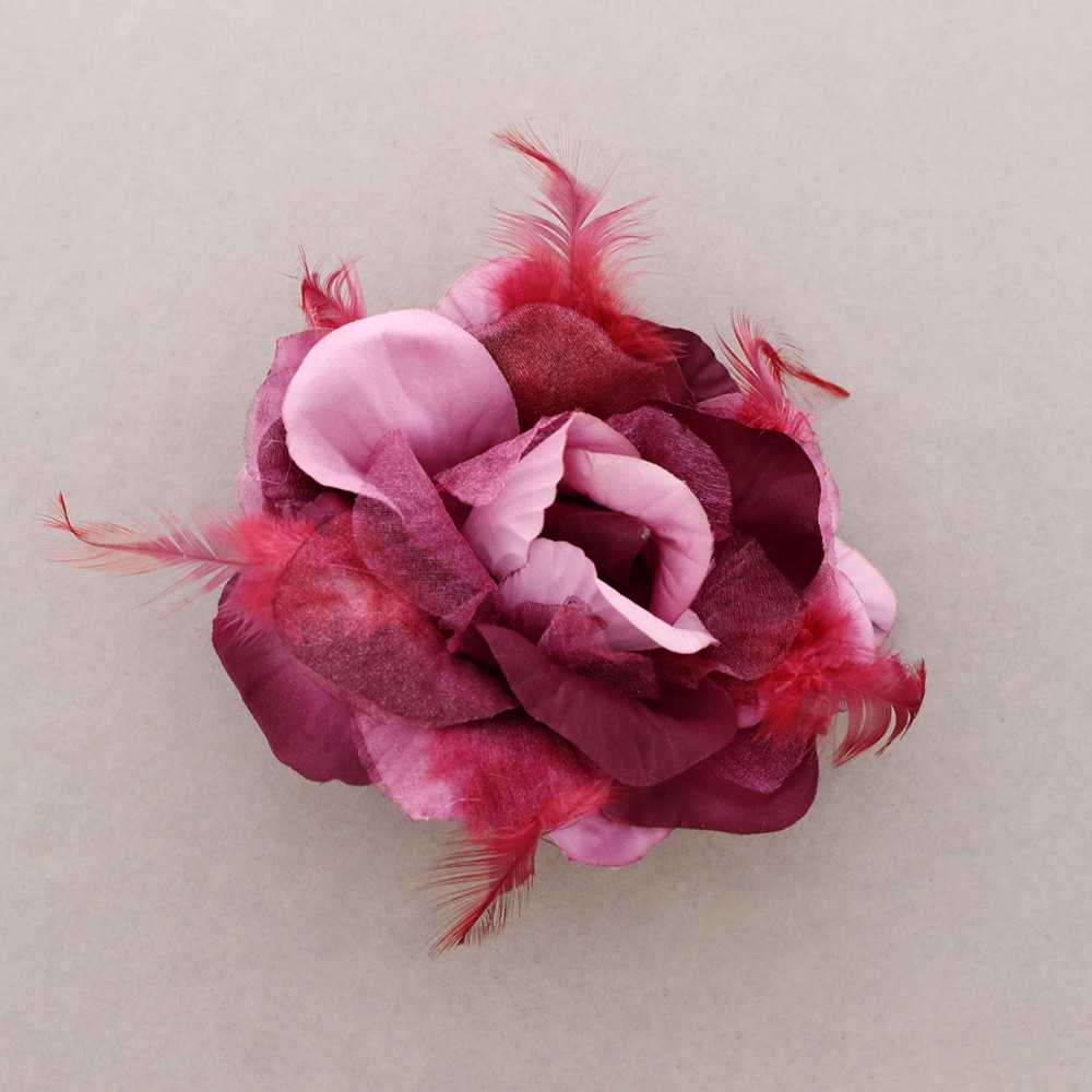 FABRIC FLOWER BROOCH WITH FEATHERS 15CM