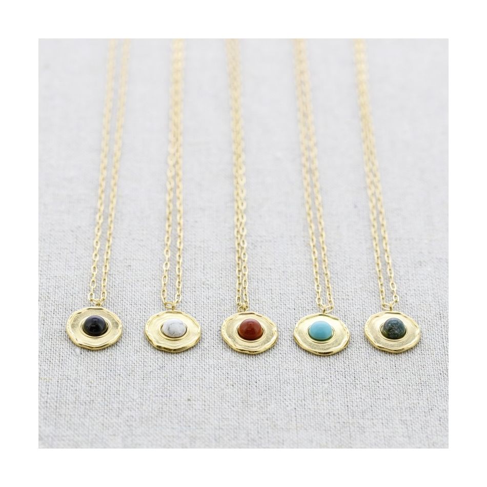 STONE MEDAL STEEL NECKLACE 42CM