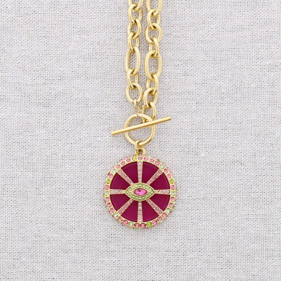 GARGANTILLA ACERO COLGANTE MEDALLA OJO CRISTALES