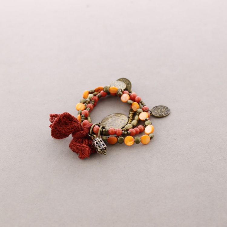 BRACELET 4 STRIPS METAL BEADS STONES