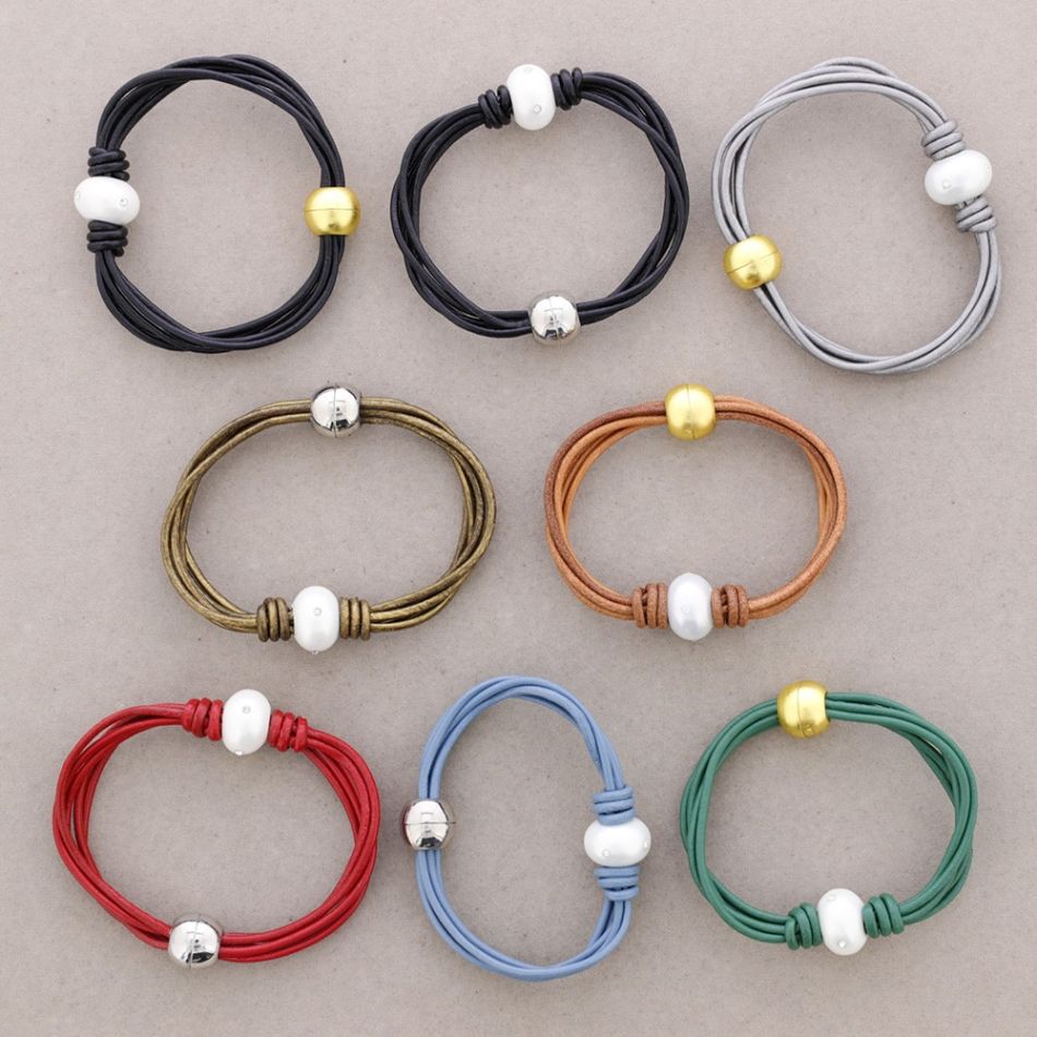PULSERA CUERO CUENTAS METAL PERLA