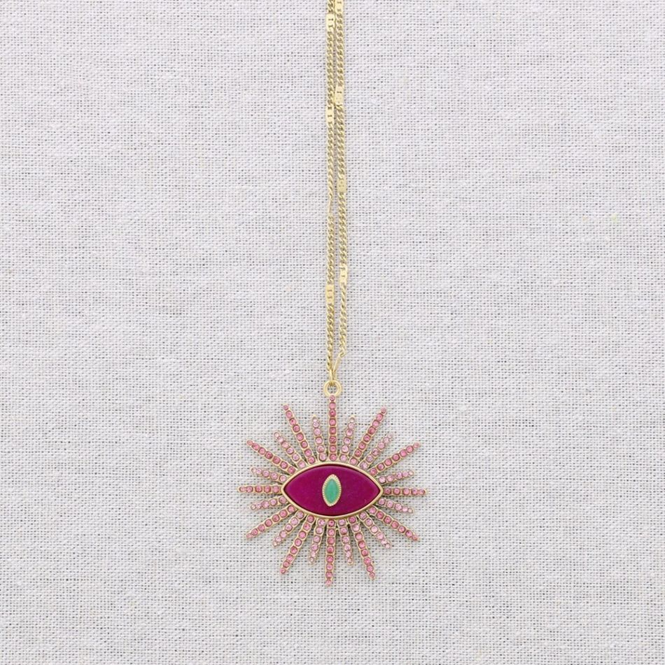 LONG STEEL NECKLACE TURKISH EYE WITH CRYSTAL STONES
