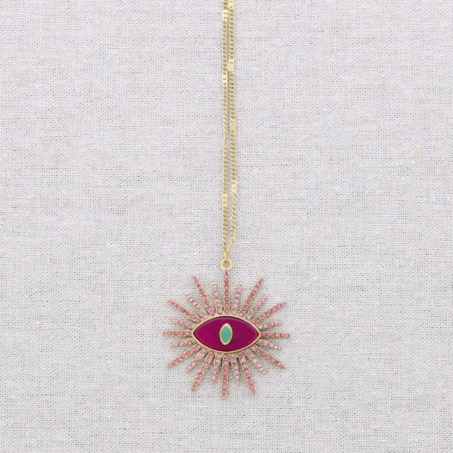 LONG STEEL NECKLACE TURKISH EYE WITH CRYSTAL STONES