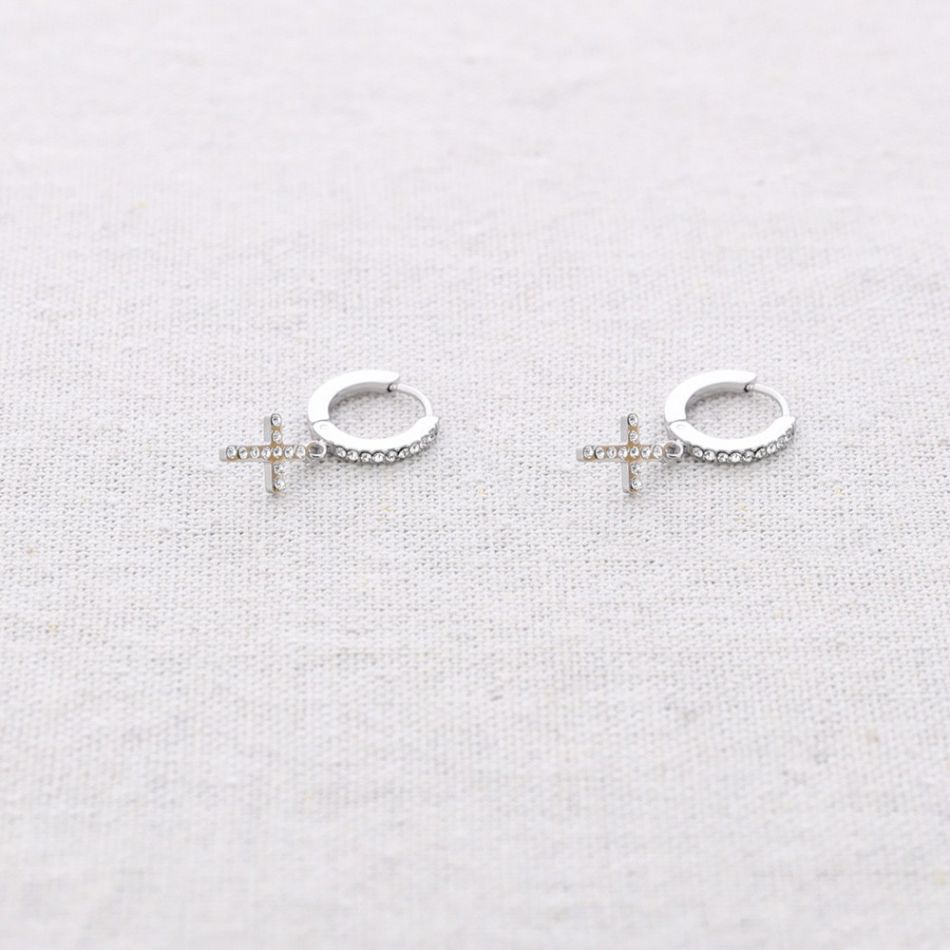 STEEL CRYSTAL CROSS PENDANT HOOP EARRINGS
