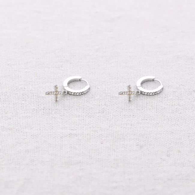 STEEL CRYSTAL CROSS PENDANT HOOP EARRINGS