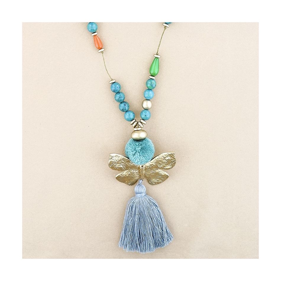 LONG NECKLACE RESIN BEADS PENDANT BUTTERFLY FRINGE