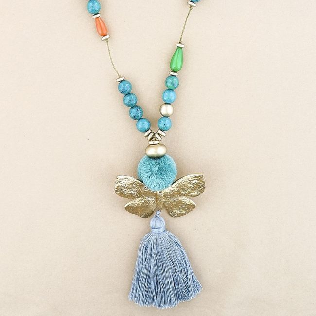 LONG NECKLACE RESIN BEADS PENDANT BUTTERFLY FRINGE