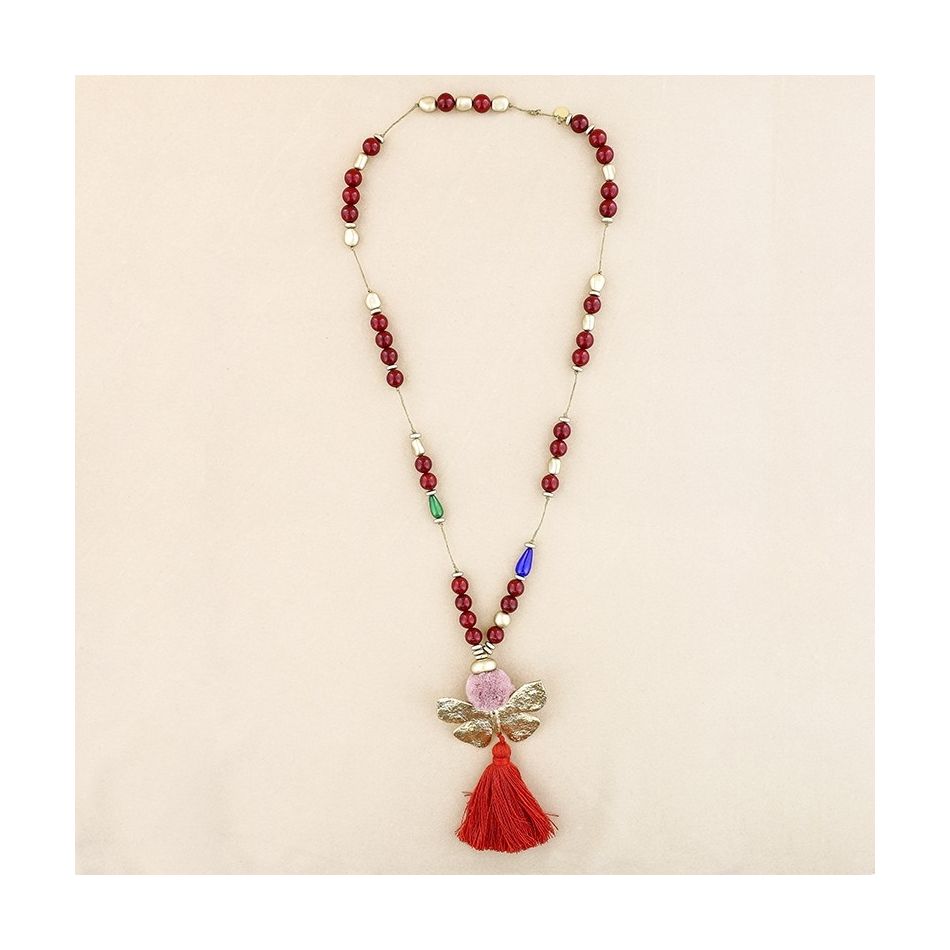 LONG NECKLACE RESIN BEADS PENDANT BUTTERFLY FRINGE