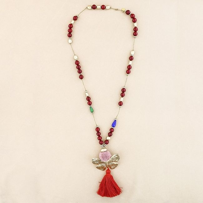 LONG NECKLACE RESIN BEADS PENDANT BUTTERFLY FRINGE