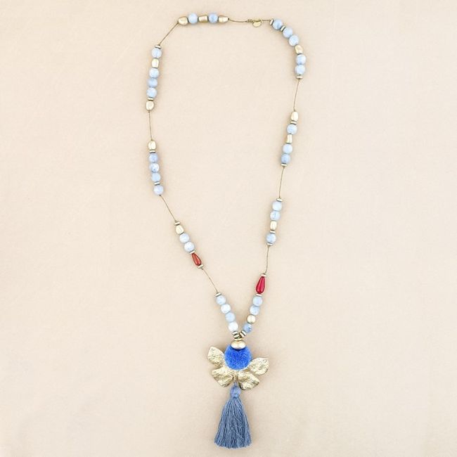 LONG NECKLACE RESIN BEADS PENDANT BUTTERFLY FRINGE