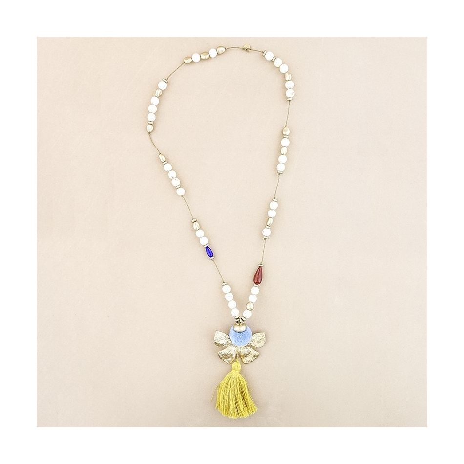 LONG NECKLACE RESIN BEADS PENDANT BUTTERFLY FRINGE