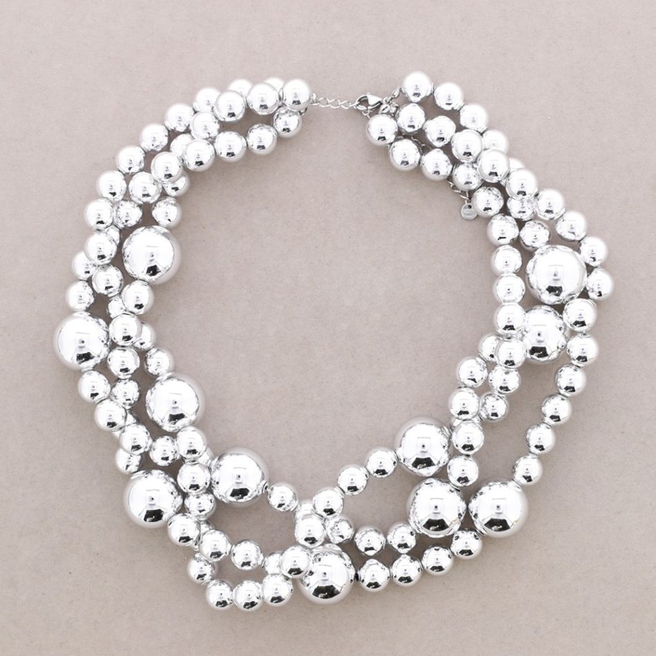 THREE INTERLACED ROWS PEARL FINISHED BALLS SHORT NECKLACE