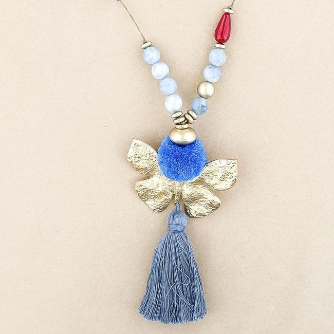 LONG NECKLACE RESIN BEADS PENDANT BUTTERFLY FRINGE