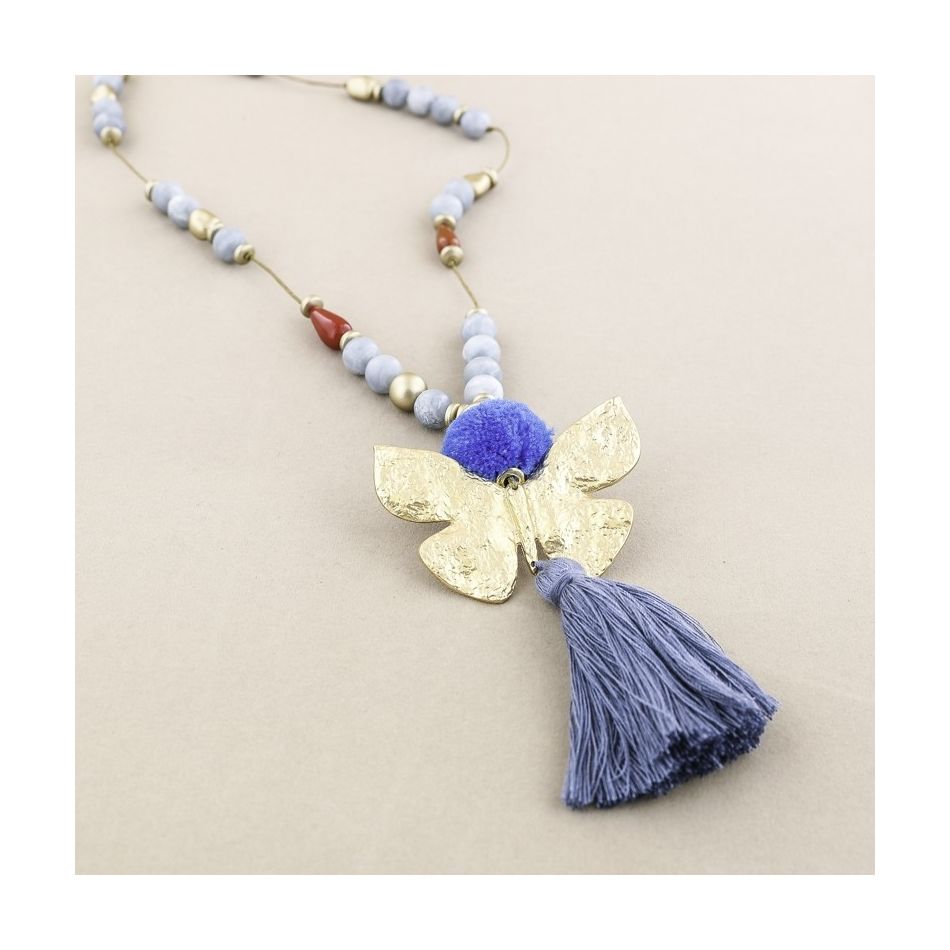 LONG NECKLACE RESIN BEADS PENDANT BUTTERFLY FRINGE