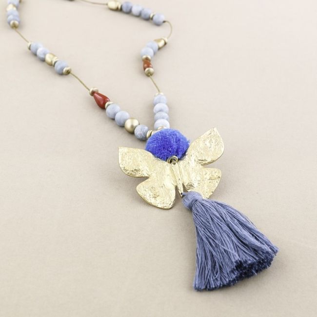 LONG NECKLACE RESIN BEADS PENDANT BUTTERFLY FRINGE