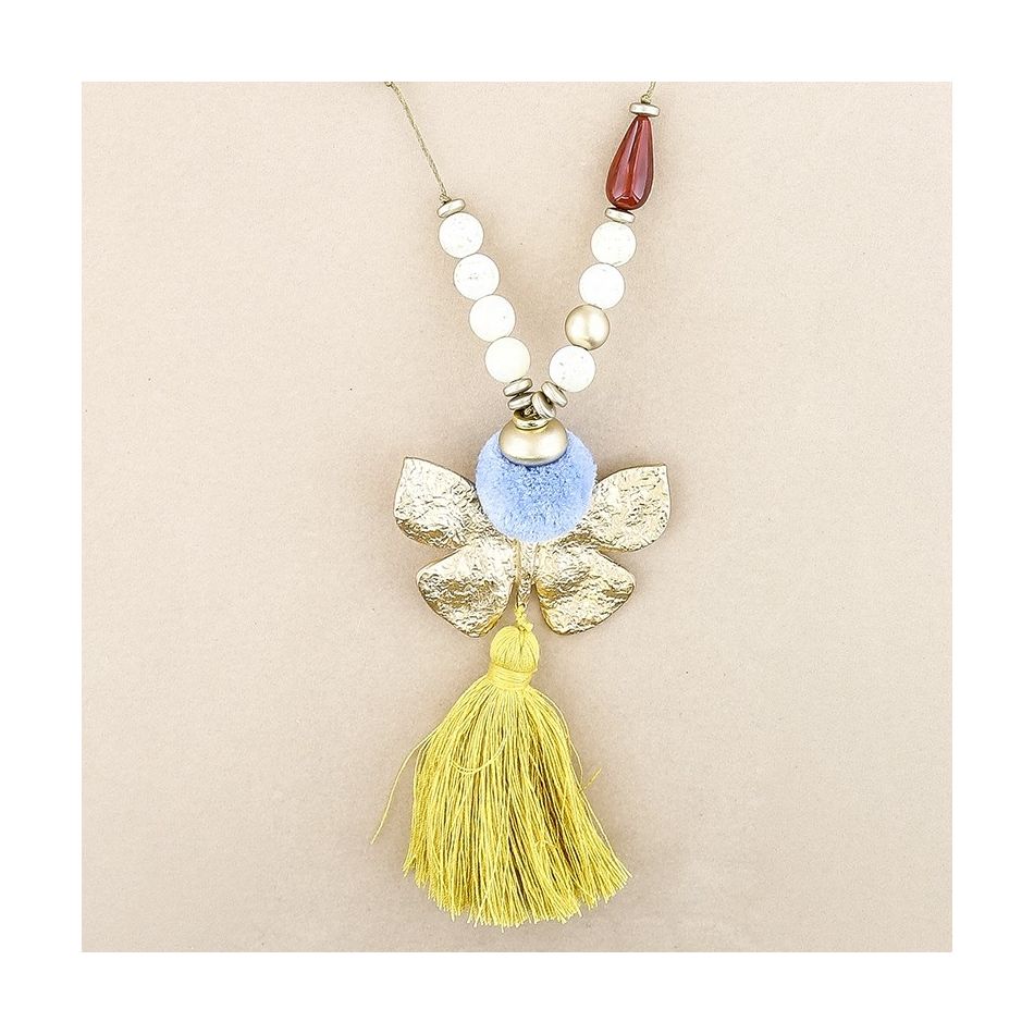 LONG NECKLACE RESIN BEADS PENDANT BUTTERFLY FRINGE