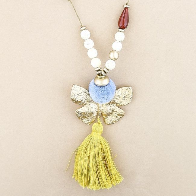 LONG NECKLACE RESIN BEADS PENDANT BUTTERFLY FRINGE