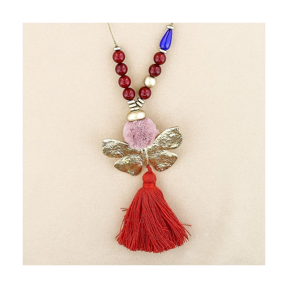 LONG NECKLACE RESIN BEADS PENDANT BUTTERFLY FRINGE