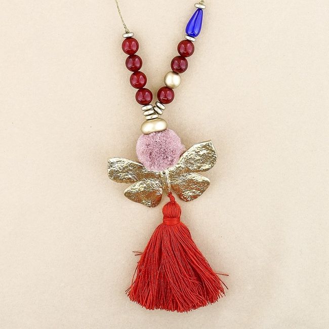 LONG NECKLACE RESIN BEADS PENDANT BUTTERFLY FRINGE