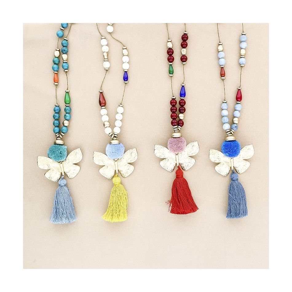 LONG NECKLACE RESIN BEADS PENDANT BUTTERFLY FRINGE