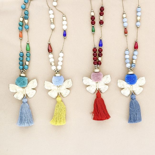 LONG NECKLACE RESIN BEADS PENDANT BUTTERFLY FRINGE
