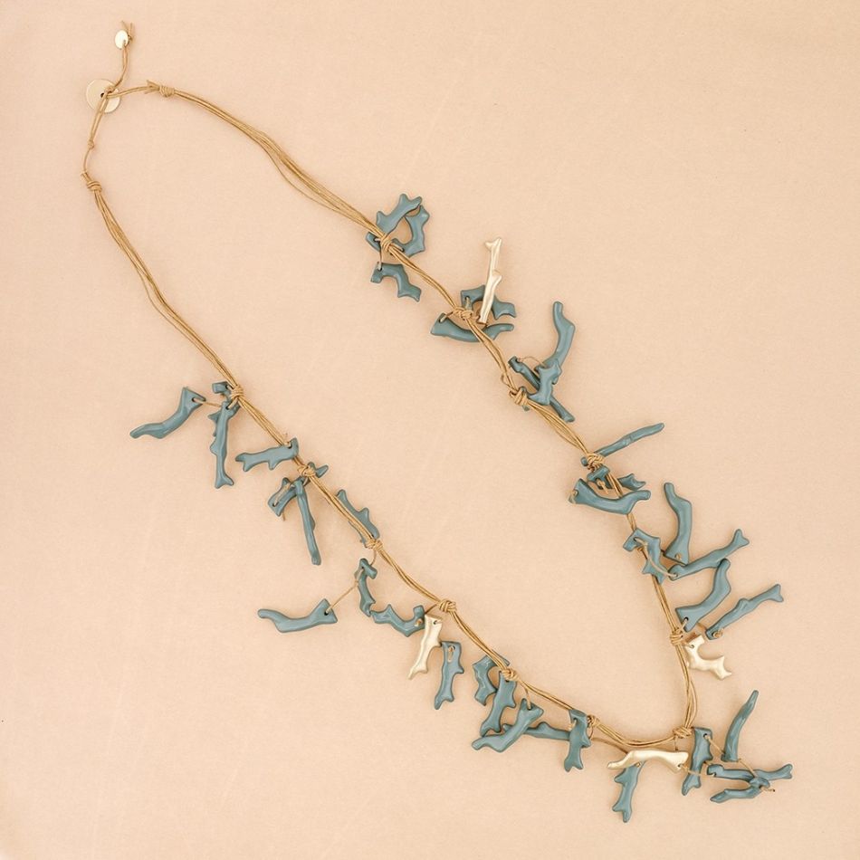 LONG NECKLACE PENDANT CORAL RESIN METAL