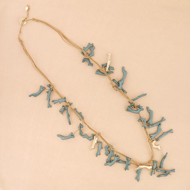 LONG NECKLACE PENDANT CORAL RESIN METAL