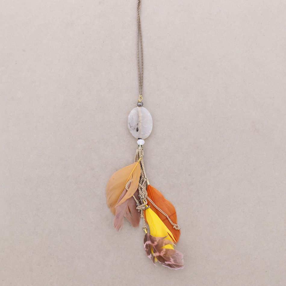 LONG PENDANT NECKLACE FEATHER STONE