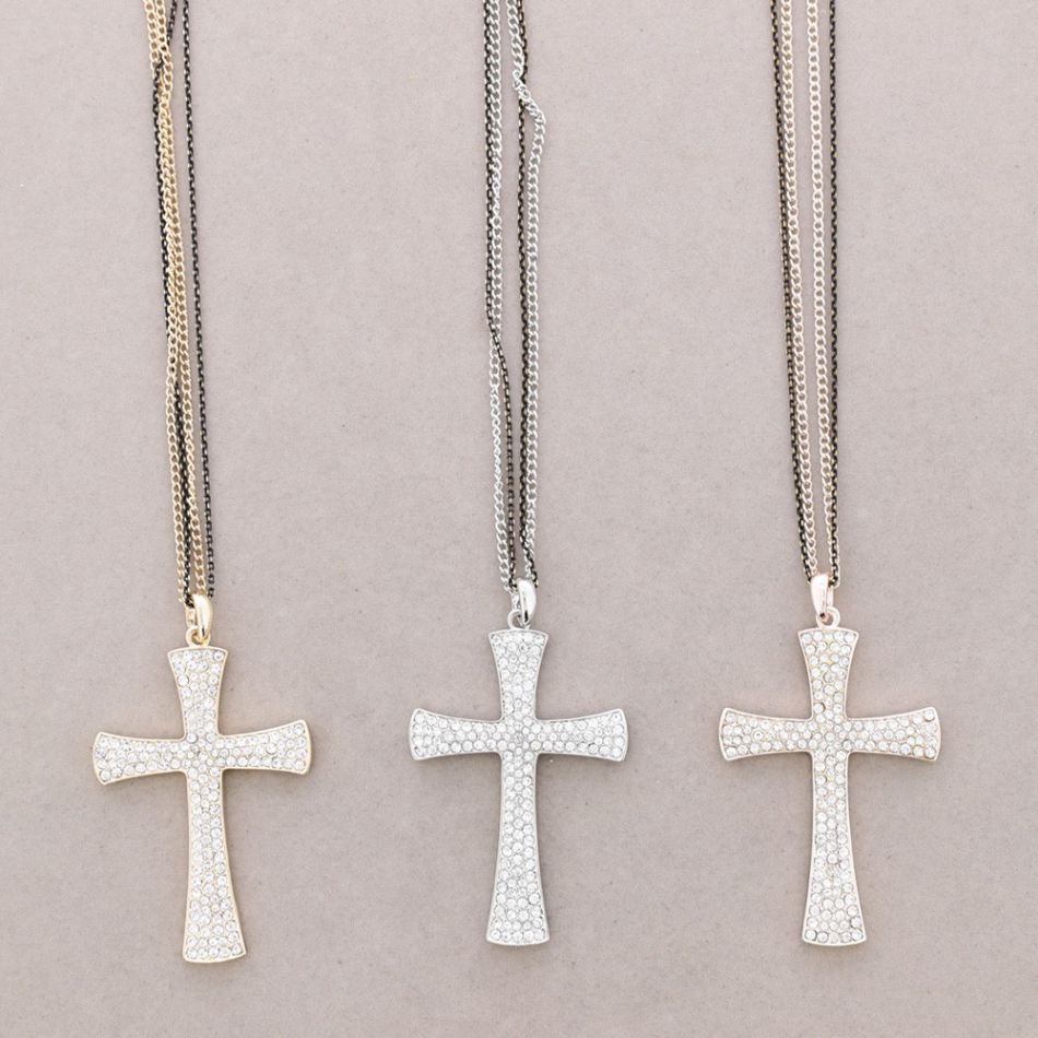 LONG NECKLACE CROSS METAL CRYSTAL PENDANT