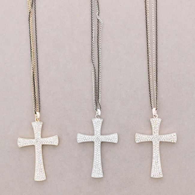 LONG NECKLACE CROSS METAL CRYSTAL PENDANT