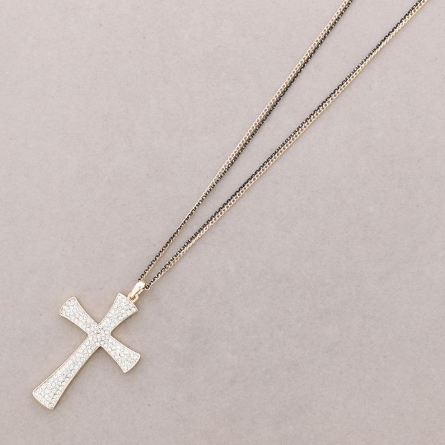 LONG NECKLACE CROSS METAL CRYSTAL PENDANT