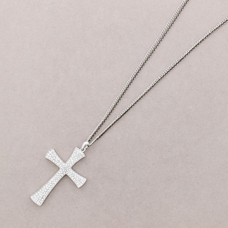LONG NECKLACE CROSS METAL CRYSTAL PENDANT