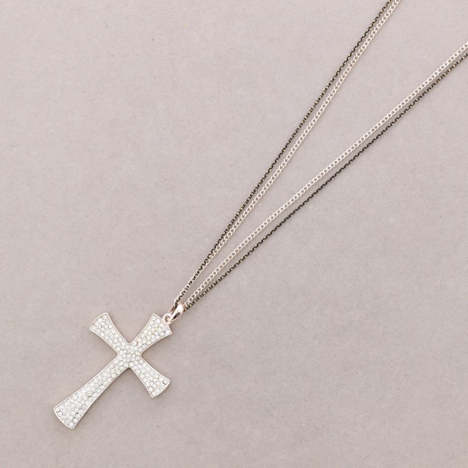 LONG NECKLACE CROSS METAL CRYSTAL PENDANT