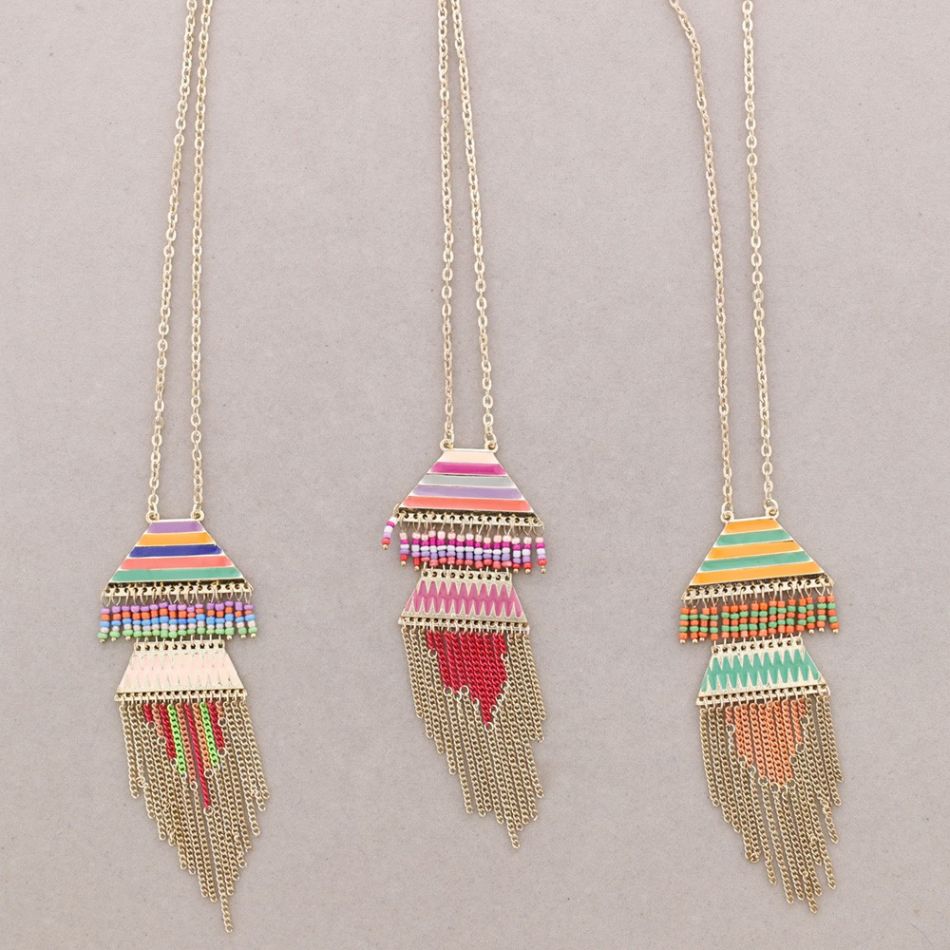 LONG METAL NECKLACE ENAMEL PENDANTS