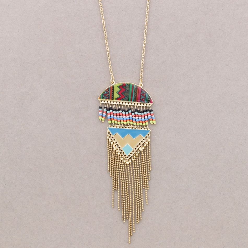 LONG PENDANT NECKLACE METAL ENAMEL FRINGES