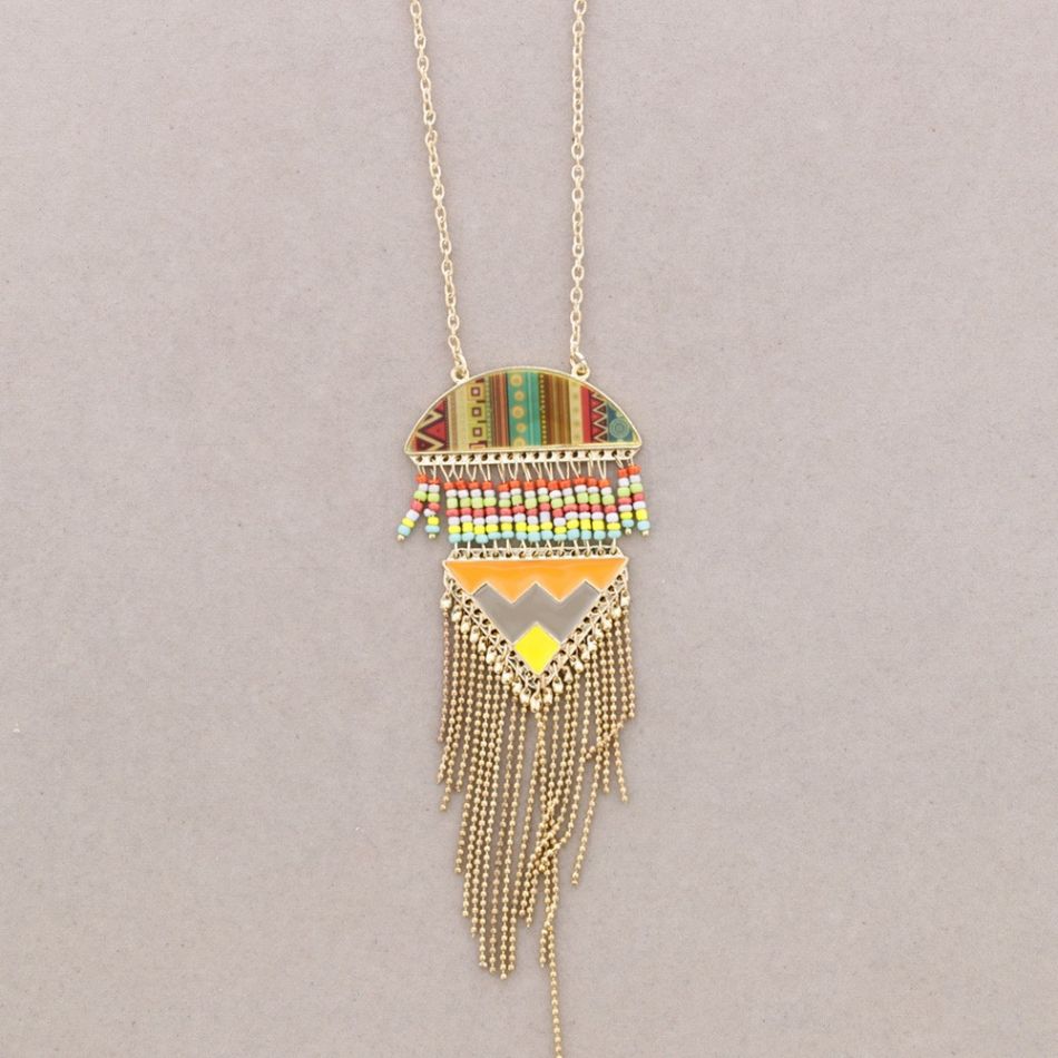 LONG PENDANT NECKLACE METAL ENAMEL FRINGES