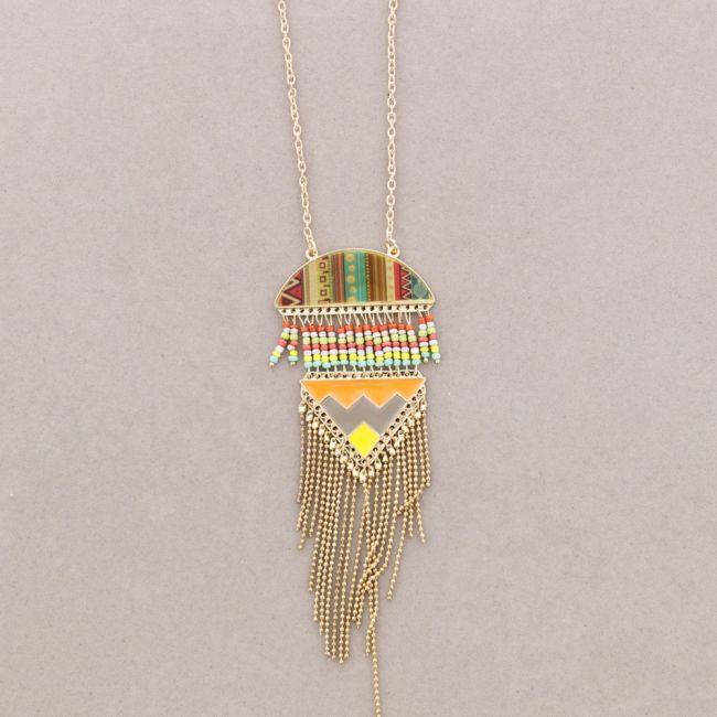LONG PENDANT NECKLACE METAL ENAMEL FRINGES