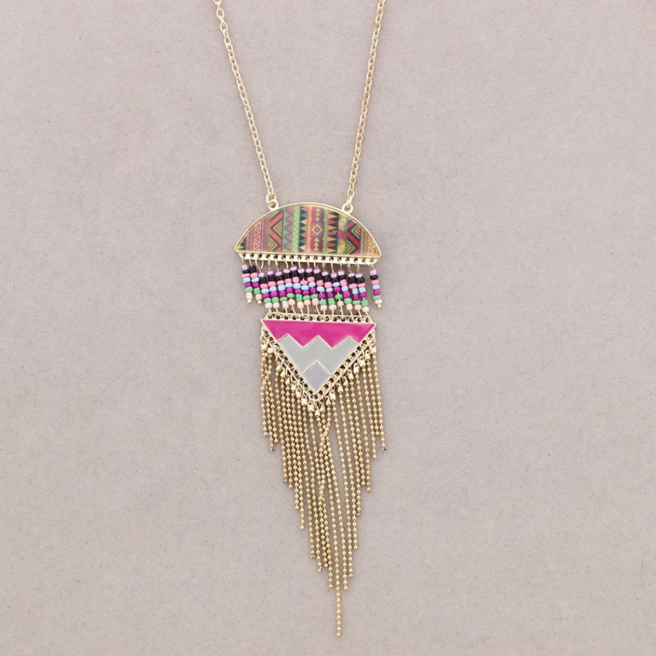 LONG PENDANT NECKLACE METAL ENAMEL FRINGES