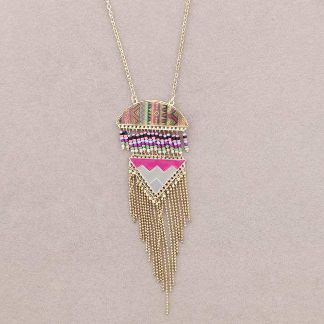 LONG PENDANT NECKLACE METAL ENAMEL FRINGES