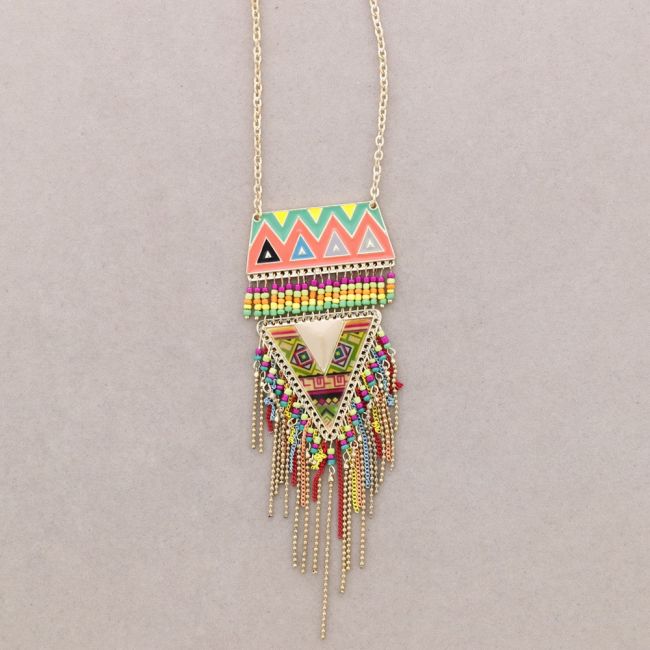 LONG NECKLACE METAL ENAMEL FRINGE PENDANT