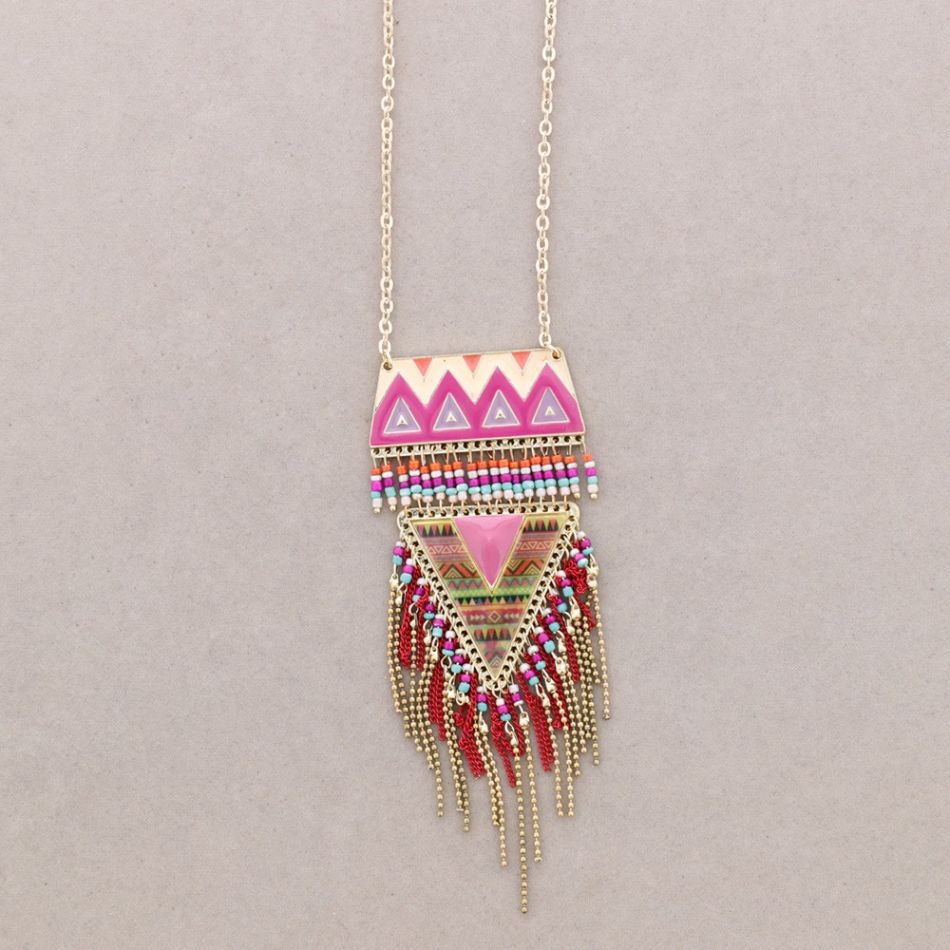 LONG NECKLACE METAL ENAMEL FRINGE PENDANT