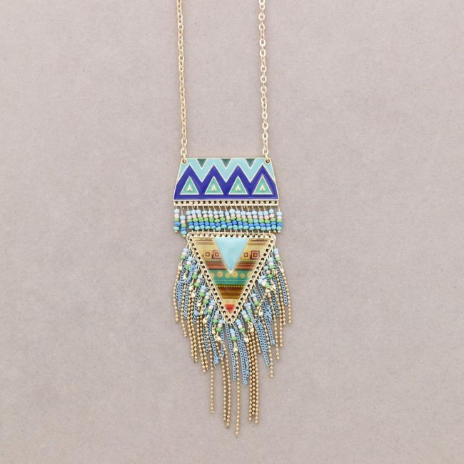 LONG NECKLACE METAL ENAMEL FRINGE PENDANT