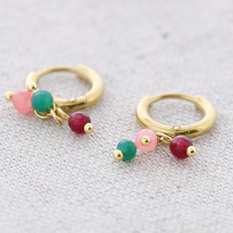 STEEL HOOP EARRINGS WITH PENDANT STONES
