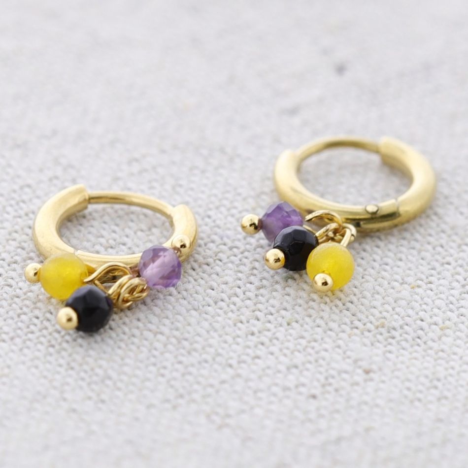 STEEL HOOP EARRINGS WITH PENDANT STONES