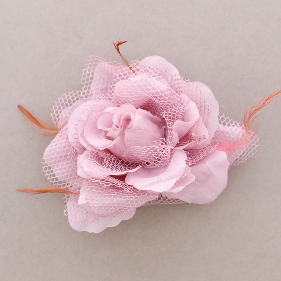 DOUBLE LAYER FABRIC FLOWER BROOCH FEATHER 16CM