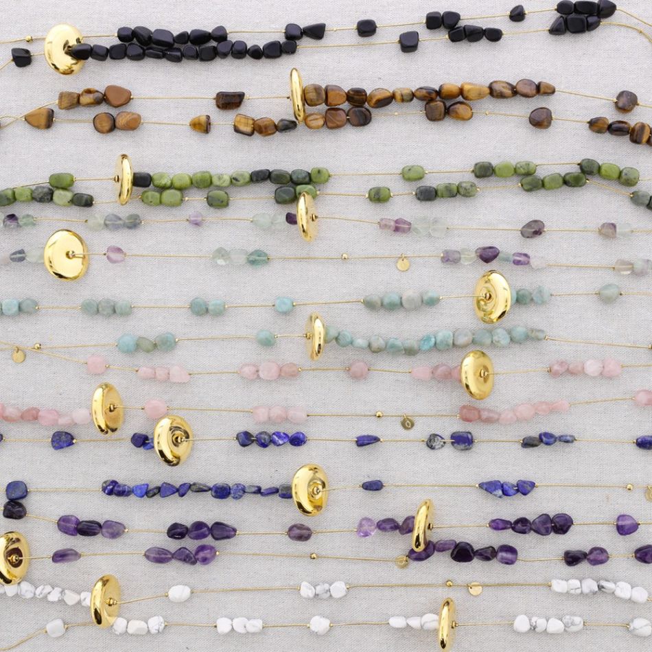 LONG STEEL NECKLACE WITH NATURAL STONE BEADS