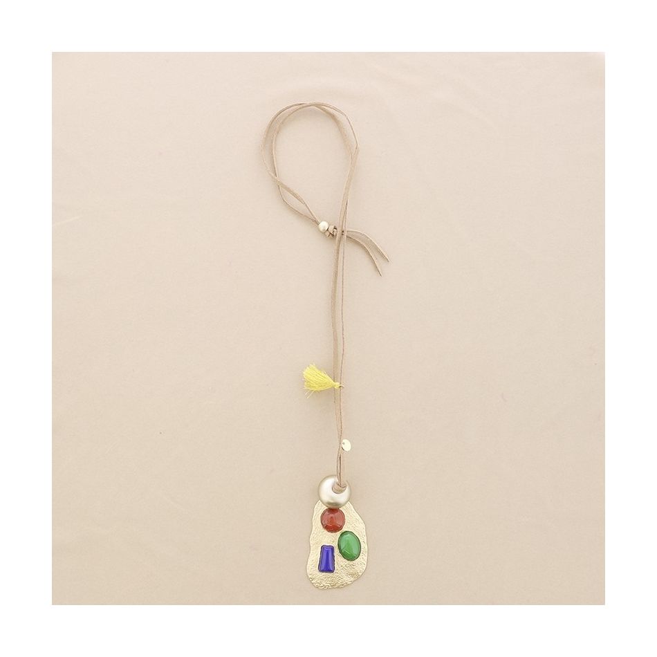 LONG SUEDE METAL PENDANT NECKLACE