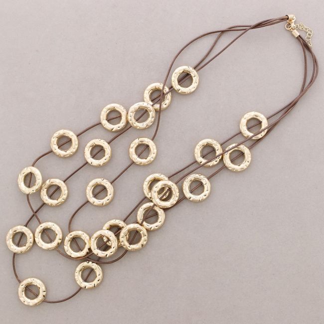 LONG LEATHER NECKLACE WITH METAL CIRCLES