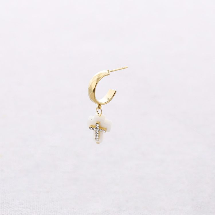 STEEL HOOP EARRINGS PENDANT CROSS NACRE